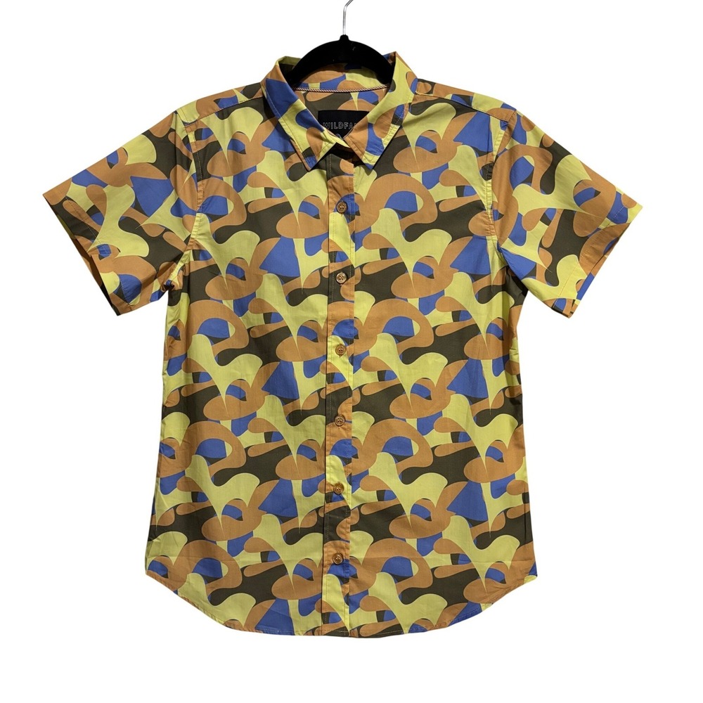 Wildfang Button Up Shirt Unisex Small Yellow Blue Abstract Print Short Sleeve